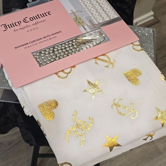 Juicy Couture Home JC Logo Heart, Crown, & Stars Fabric Shower Curtsin w/Hooks - Picture 2 of 4